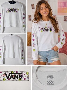 Vans White Long Sleeve Shirt with Colorful Space Alien & Unicorn Graphics